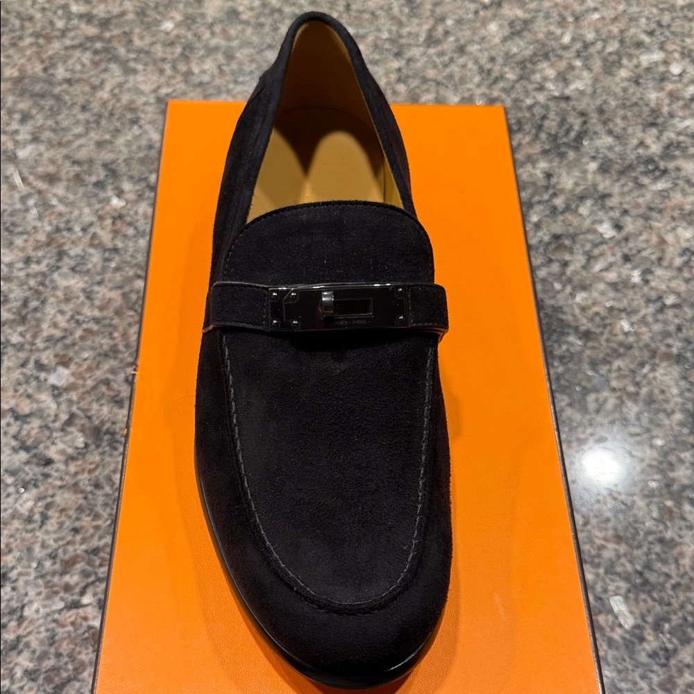 Hermes Black Suede Loafers with Buckle